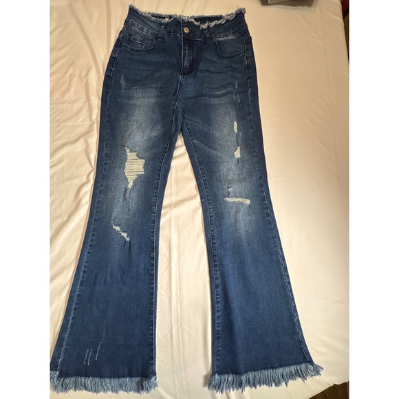 Denim - Distressed Frayed Hem Flare Jeans Medium Wash Ripped High Rise Denim Size Large